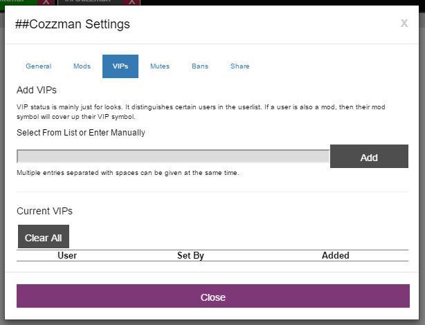 Settings panel, VIPs tab