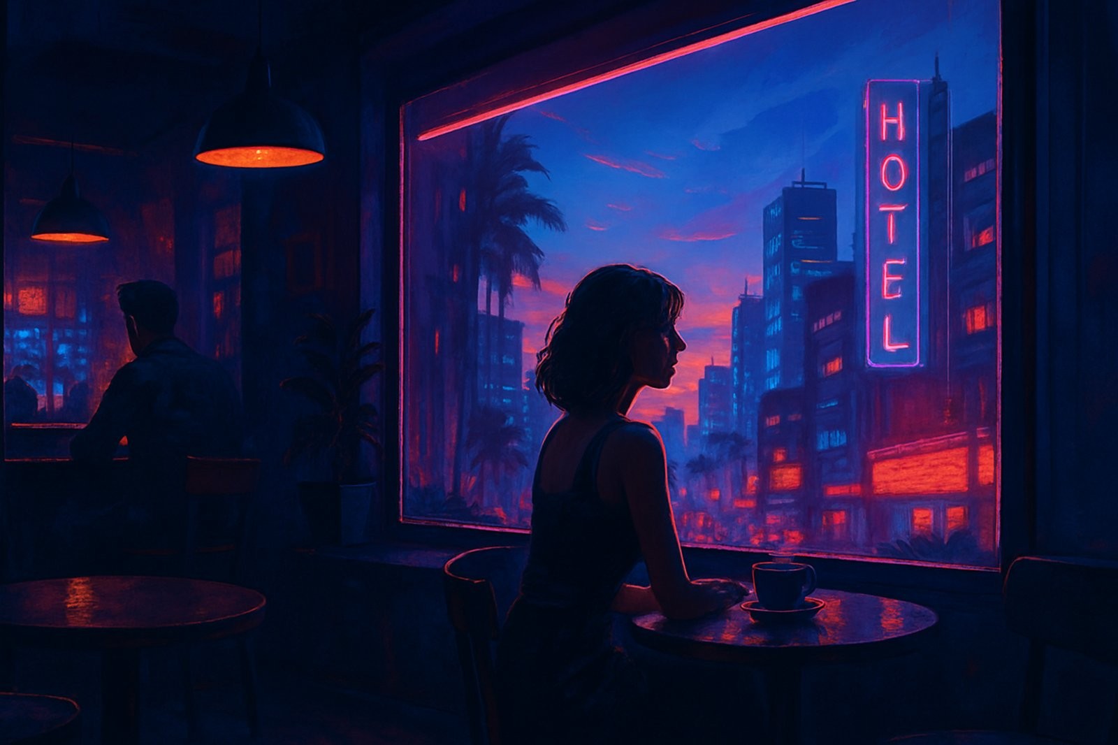 Two sealed envelopes on a dark surface under contrasting neon blue and pink spotlights, one open and one still closed