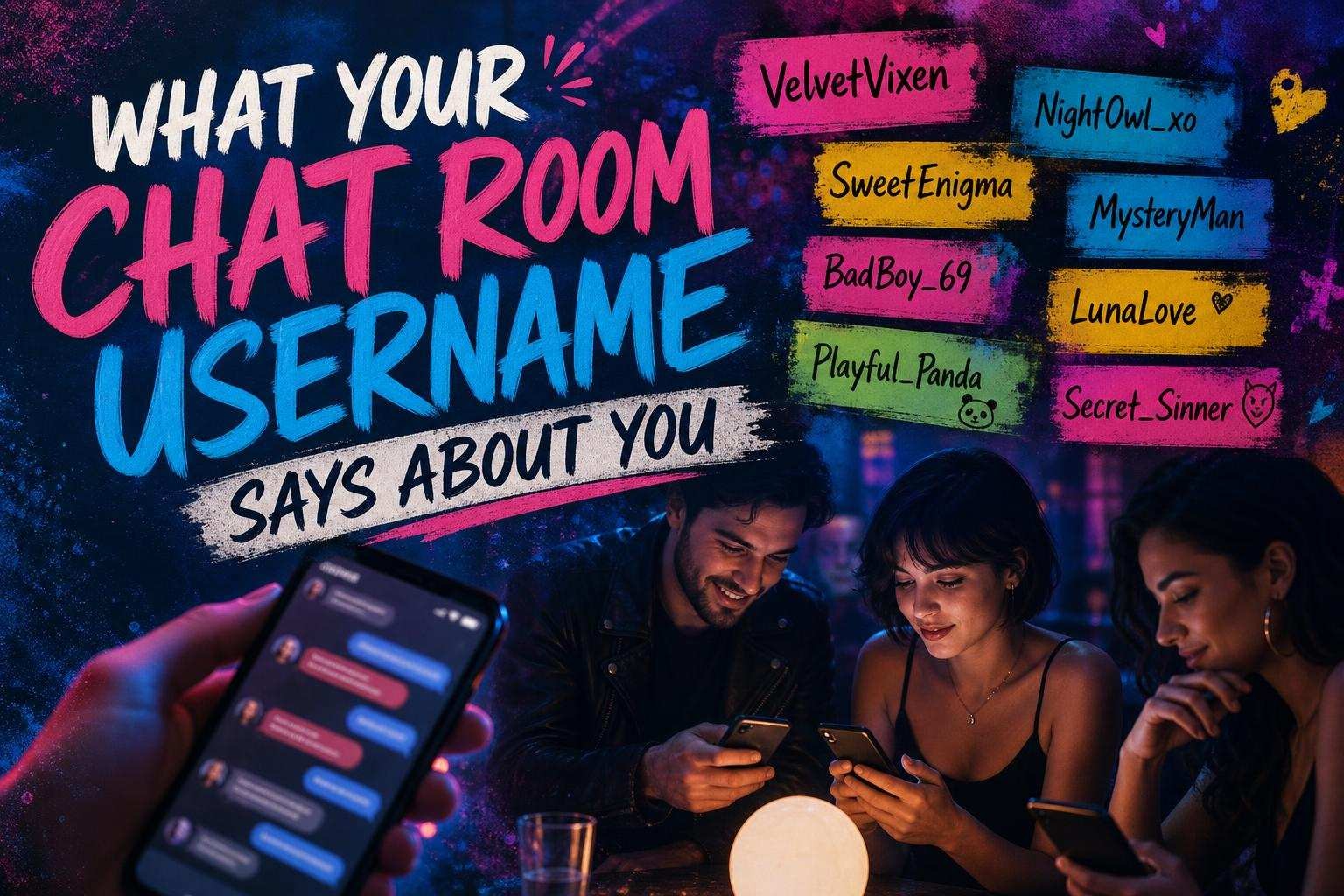 Abstract representation of chat room dynamics with colorful usernames